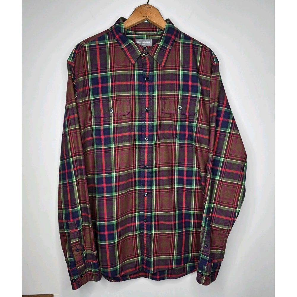 LL Bean Signature Flannel Shirt Mens Large Slim Fit Plaid Button Up 100% Cotton